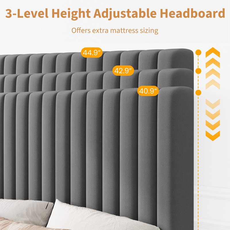 Twin Size Velvet Upholstered Platform Bed Frame with Adjustable Height Headboard, No Box Spring Needed, Easy Assembly - Grey