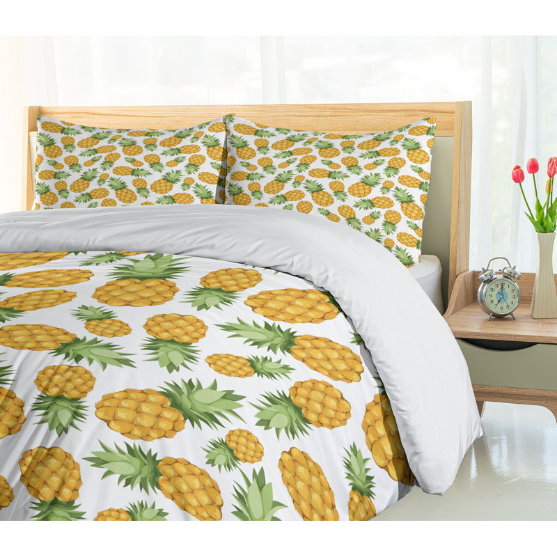 Yellow and White Pineapple Queen Duvet Cover Set with Zipper Closure