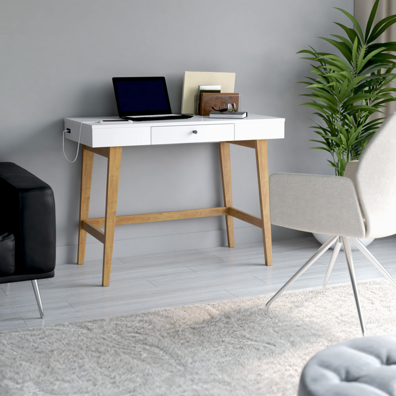 Aprill Solid Wood Base Writing Desk, White/Brown
