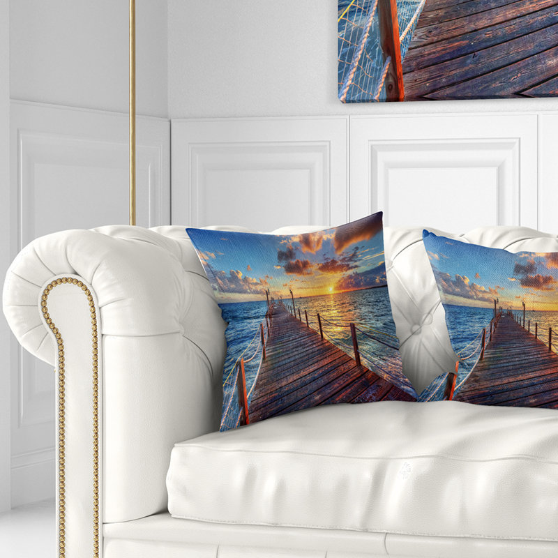 Magnifique coucher de soleil sur la jetée de la jetée - pont et coussin imprimé, 16 po x 1 po, Coussin décoratif