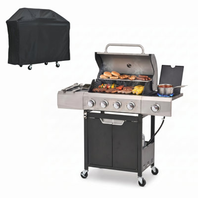 4-Burner Propane Gas Grill with 1 Side Burner and Cover for Outdoor BBQ, Camping.