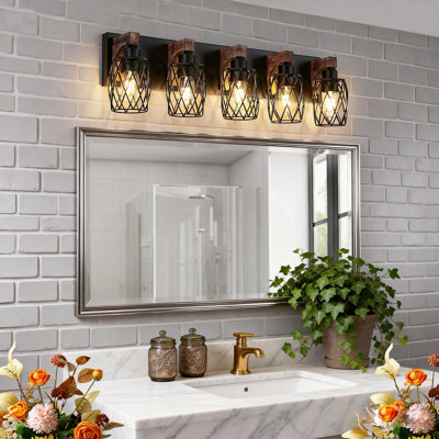 Applique murale de style industriel avec 5 lumières en bois et cage en bois pour salle de bain 31 po (ampoule non incluse)