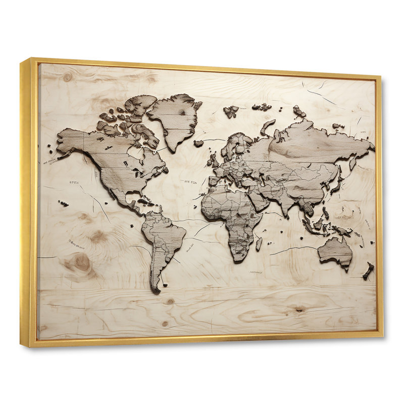Carte du monde rustique sur toile, H 24 po x l 32 po x P 1 po, Cadre flottant doré