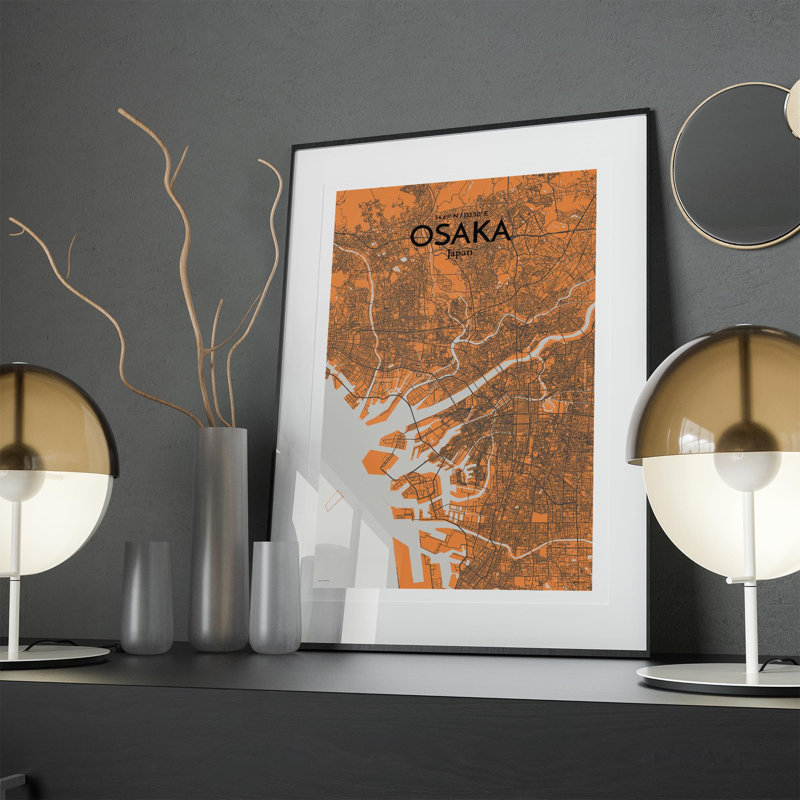 Osaka City Map In Orange - No Frame Print, 17cm H x 11cm W x 0.05cm D