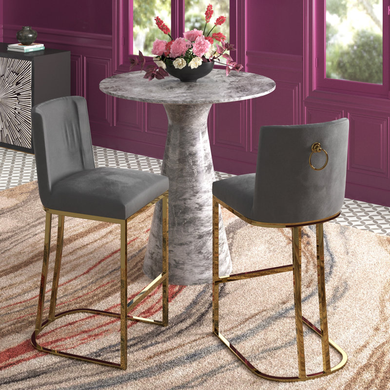 Tabouret de bar et de comptoir en velours Aurrin, Or, Gris foncé, Tabouret de comptoir (siège d'une hauteur de 26 p