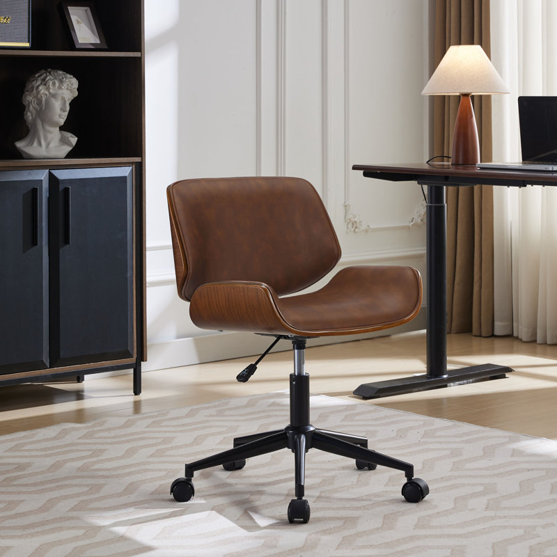 Temme Faux Leather Mid-Century Office Chair, Brown Faux Leather, Black