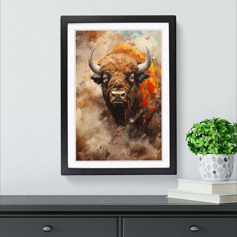 Bison Gestural Art - Framed Print, 46cm H x 34cm W x 2cm D, Black Framed