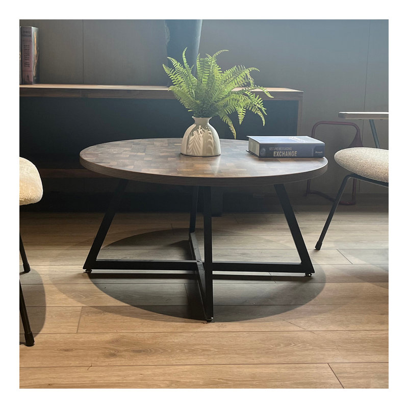 Table basse ronde grain de bois et métal noir
