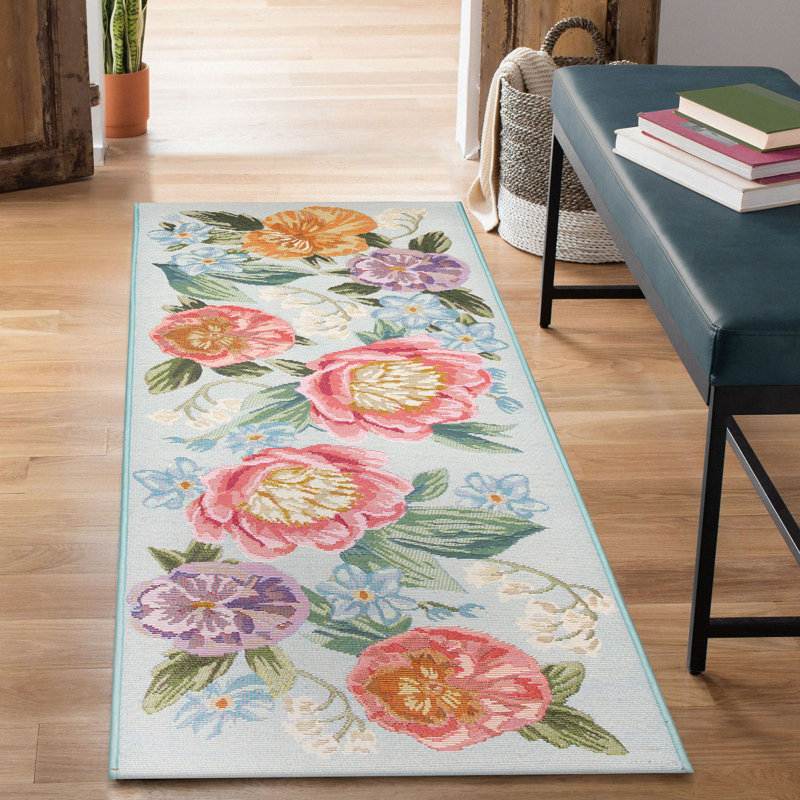 Andreane Floral Synthetic Non-Skid Kitchen Mat, Lt Blue, Runner 1'9" x 4'9"