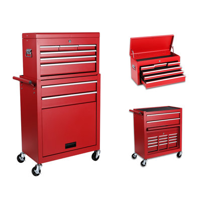 8 Tool Chest With Detachable Top, Lockable Wheels & Side Hooks, Red Garage Workspace Storage Cabinet Wheels, Hooks