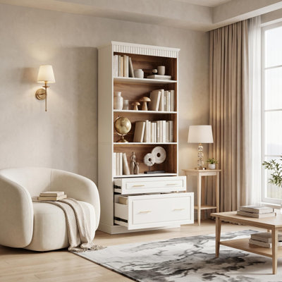 Bibliothèque 73 pouces de hauteur blanche, bibliothèque ouverte à 5 niveaux avec 2 tiroirs de rangement, armoire de rangement autoportante décorative à panneau de fibres à densité moyenne avec poignées dorées pour le salon, le bureau à domicile et la chambre à coucher