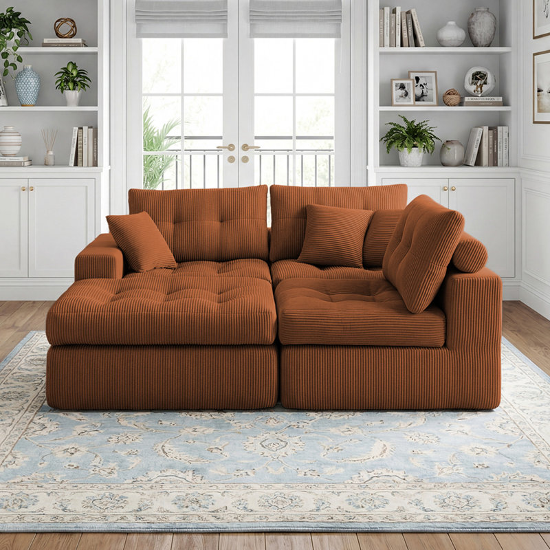Canapé-lit modulaire en L Corduroy, Orange