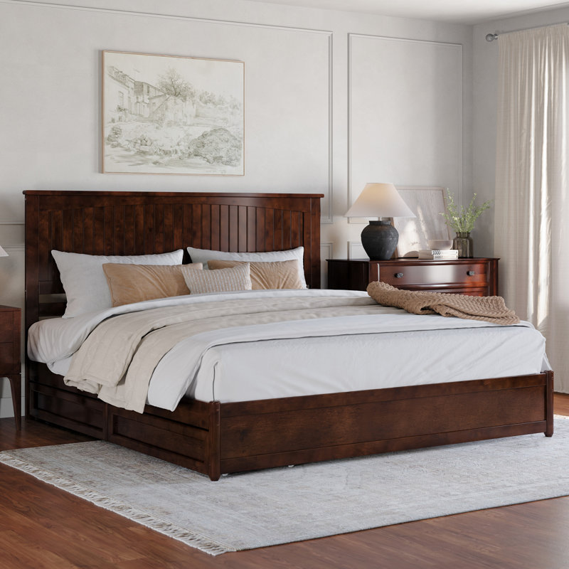 Lamaiyah Solid Wood Platform Bed with Footboard and Storage Drawers, Walnut, King
