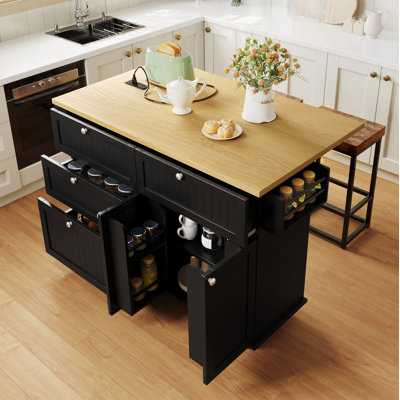 Farmhouse Kitchen Island Set With Drop Leaf And 2 Seatings,Dining Table Set With Storage Cabinet, Drawers And Towel Rack