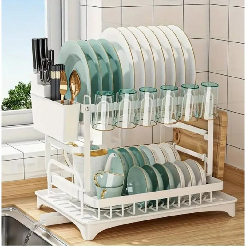 Égouttoir à vaisselle de grande capacité à 2 niveaux avec égouttoir, support à couverts en acier résistant à la rouille avec support à couteaux et planche à découper, tuyau de drainage rotatif à 360 °