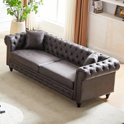 Tissu gris à 3 places avec accoudoirs roulés et 2 coussins de 85,5 po pour le salon, structure à boutons