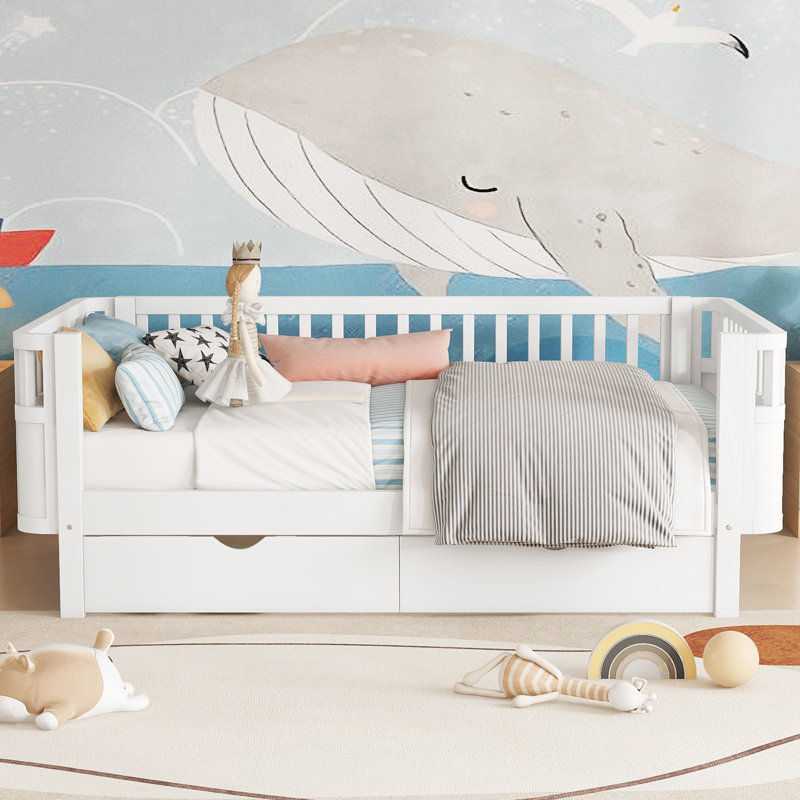 Lit plateforme simple en bois pour enfants avec rails, conception à profil bas, structure en bois robuste, adaptée aux enfants, blanc