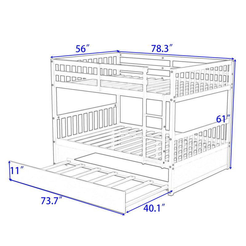 Kelsa Full Over Full Wooden Bunk Bed With Built-In Trundle, Ladder And Safety Guardrails, Gray