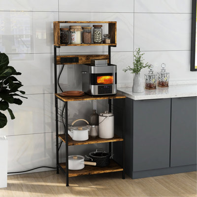 Rustic Brown Kitchen Shelving With Power. Adjustable Shelves, 5 Hooks. For Cookware, Spices. Microwave Stand, Coffee Bar. 23.5" W X 60.25" H Bakers Rack, Brown. Power Outlet & . Hooks For Spices,