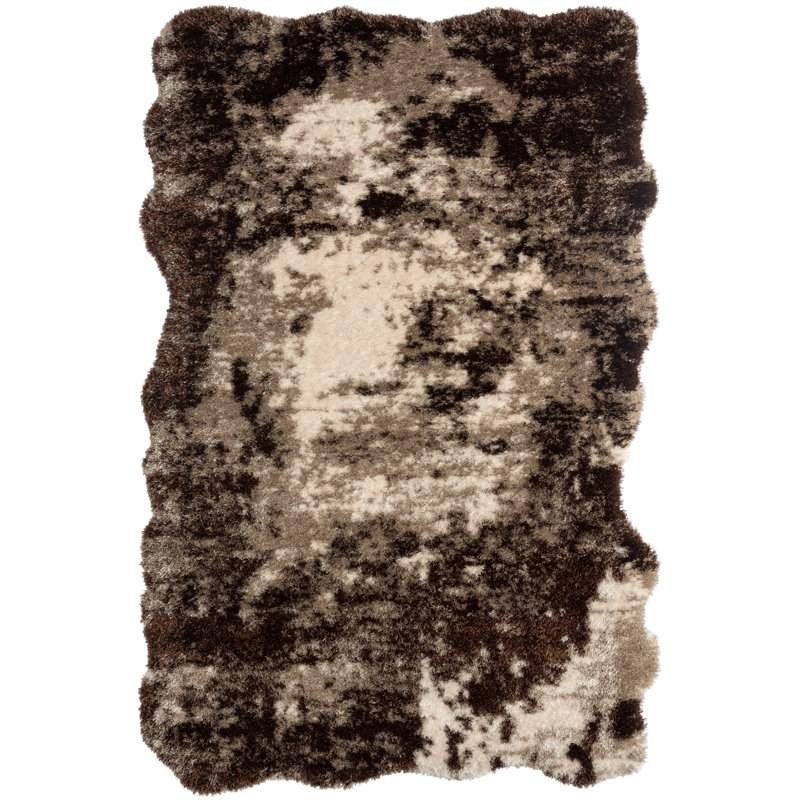 Tapis abstrait à poils longs brun / beige, Nouveauté 5 pi 7 po x 8 pi 7 po