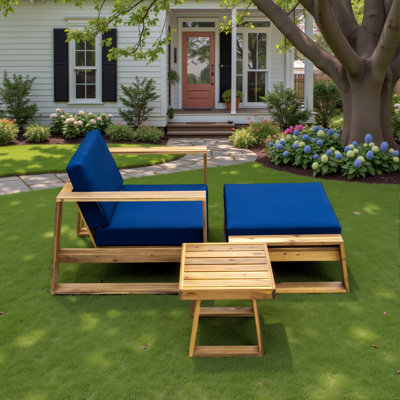Modern 3-Piece Acacia Wood Outdoor Lounge Set With Deep Seating Cushions, Patio Chair With Ottoman And Side Table by Lark Manor