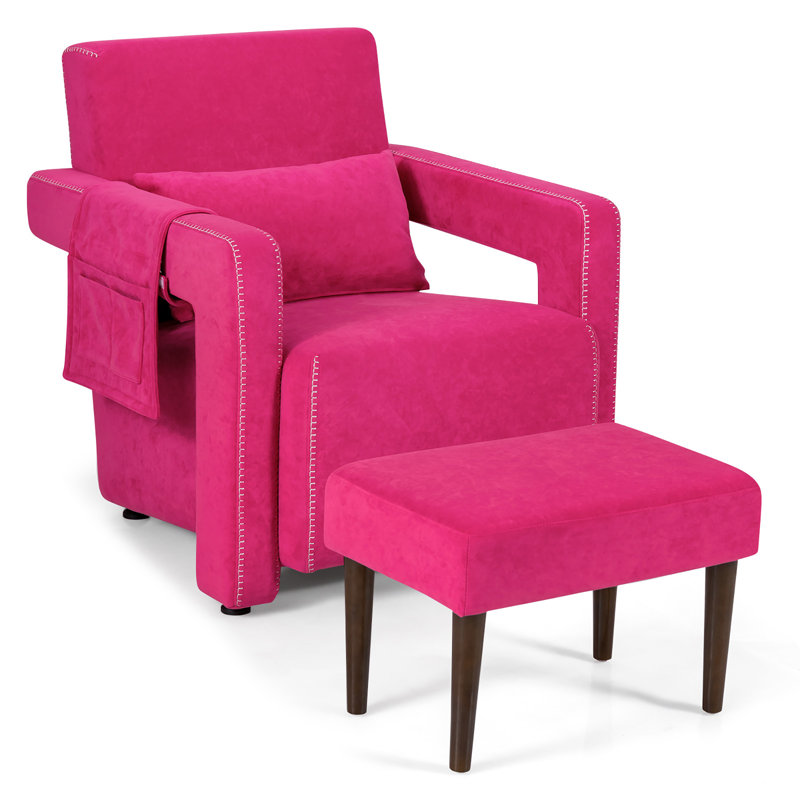 Aidenjohn Upholstered Armchair with Ottoman, Rose Red Berber Fleece