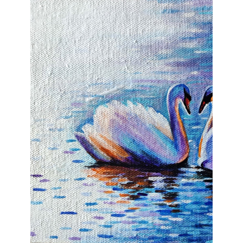 Paire de cygnes avec magnifique lac, peinture acrylique sur toile par Sannidha - Art mural paysage romantique pour chambre à coucher, décoration de salon