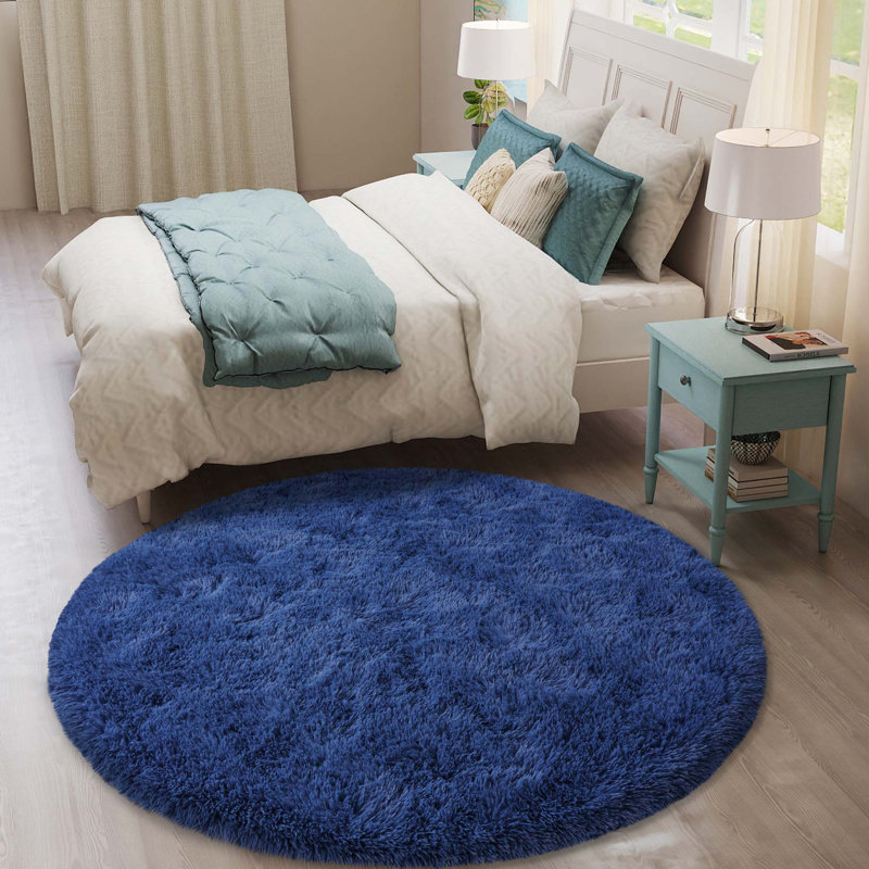 Navy Blue Round Shag Rug Non-Slip Long-Pile Round Rug 5 ft Silk-Blend Rug Round Shag Rug Perfect for Teen Rooms Ideal for Bedrooms Suitable for Living Rooms Antibacterial Durable Material