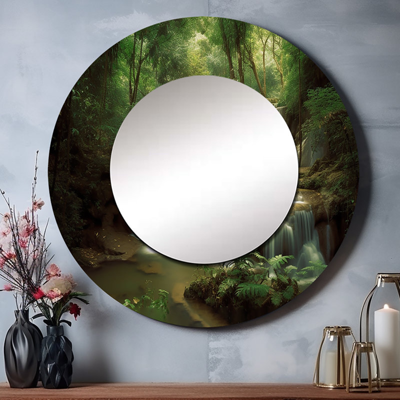 Poock Waterfall In Dense Forest II - Mountains Wall Mirror, Traditional Decorative Mirror, Printed Metal Art, Round