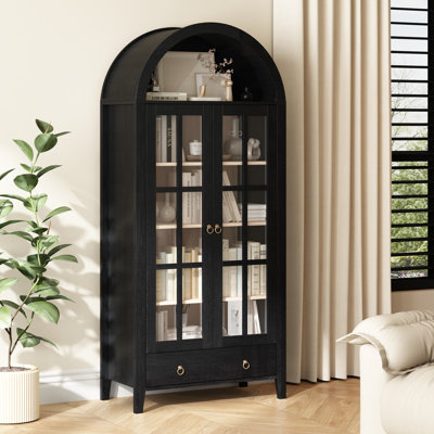 Kalaen 71" Arched Display Wood Cabinet with Tempered Glass and Adjustable Shelves