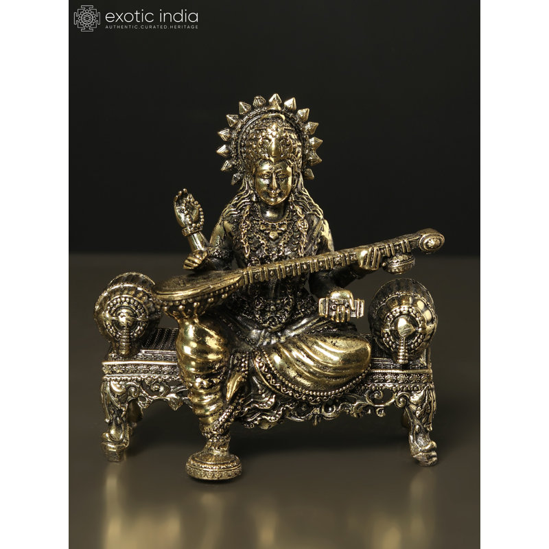 Superfine déesse Saraswati Idol assis sur Singhasan laiton Statue laiton doré Home Temple Decor cadeau