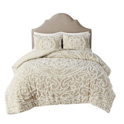 Taupe 3 Piece King/ King Duvet Cover . 100% Cotton For Dreamy Slumber. Chenille Medallion Radiance. 2 Matching Shams. . Easily Cleanable Bedding - Taupe. Comfort. Ornament Style. Easy Maintenance