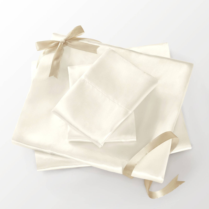 Satin Ivory 100% Satin Luxury Wrinkle Resistant 4-Piece Twin Sheet Set, Twin Sheet Set + 2 Standard Pillowcases, Ivory