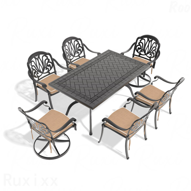 Ensemble de salle à manger 7 pièces en fonte d'aluminium toutes saisons comprenant 2 chaises pivotantes, 4 chaises et une table rectangulaire avec cadre noir