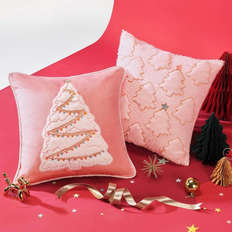 Housse de coussin décorative en velours de 45 cm (18 pouces) avec motif sapin de Noël, taie d'oreiller 3D moelleuse et broderie étoile.
