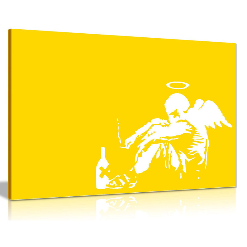 Banksy Fallen Angel Graffiti - Wrapped Canvas Print, 20cm H x 31cm W, Yellow