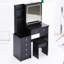Meuble-lavabo de 37 po et tabouret rembourré 37 po, grand miroir coulissant, DEL tricolore à contrôle tactile avec réglage de la luminosité, rangement haut, tabouret de style noir avec option de chevet noir, miroir