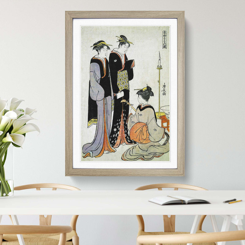 Two Courtesans & a Geisha by Torii Kiyonaga - Picture Frame Painting Print, Oak Framed, 36cm H x 27cm W x 2cm D