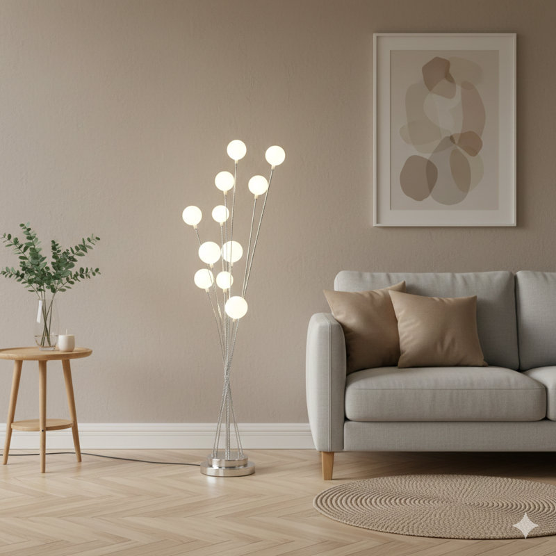 Lampe sur pied en aluminium chromé à 11 lumières de 46 po en aluminium chromé à DEL Aluminun, Argent argent