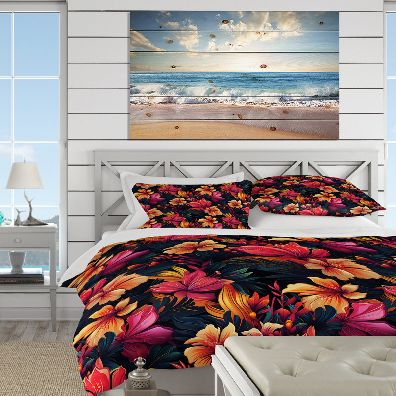 Tropic Sunset Tropical Pattern Floral Duvet Cover, Queen Duvet Cover + 2 Standard Shams