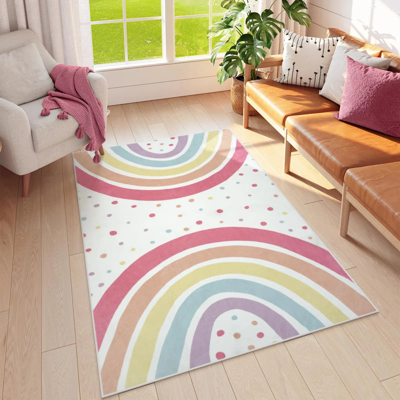 Rainbow Polka Dot Kids Area Rug - Washable, Non-slip, Soft Cushioned Carpet For Nursery, Bedroom, Classroom, 3x5 Feet