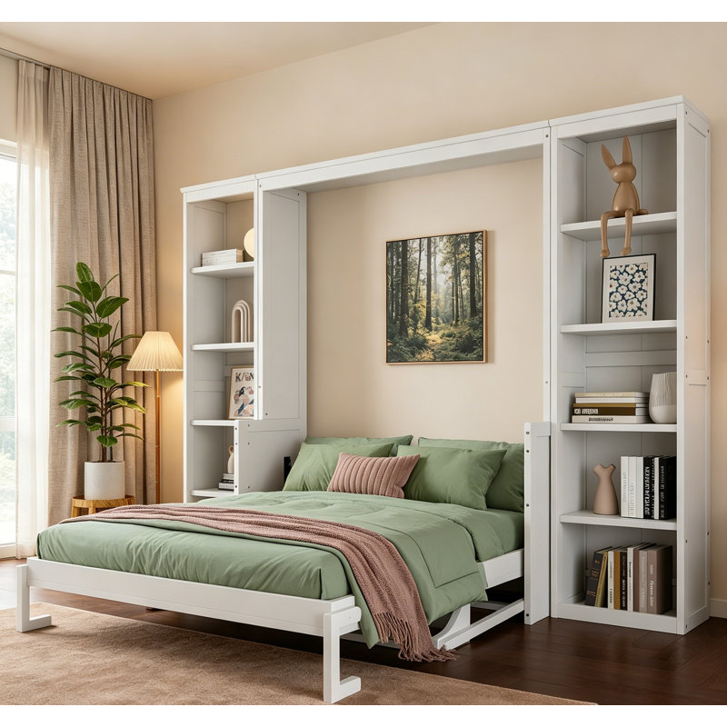 Grand lit escamotable avec bureau et bibliothèque, conception peu encombrante pour les petites pièces, sans sommier nécessaire, blanc