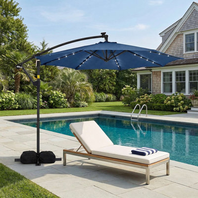 UV Resistant Fade Proof 10 FT Solar LED Offset Cantilever Hanging Outdoor Market Patio Umbrella For Backyard Deck Poolside Sun Shade Use