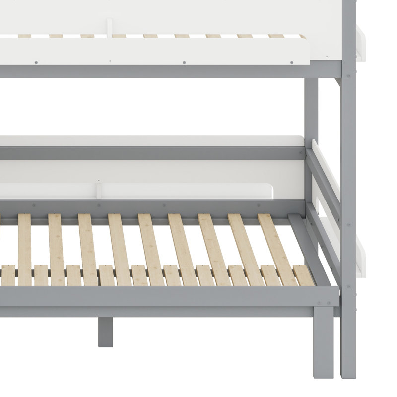 House-Shaped  Bunk Bed with Slide and Storage Staircase, Gray+White