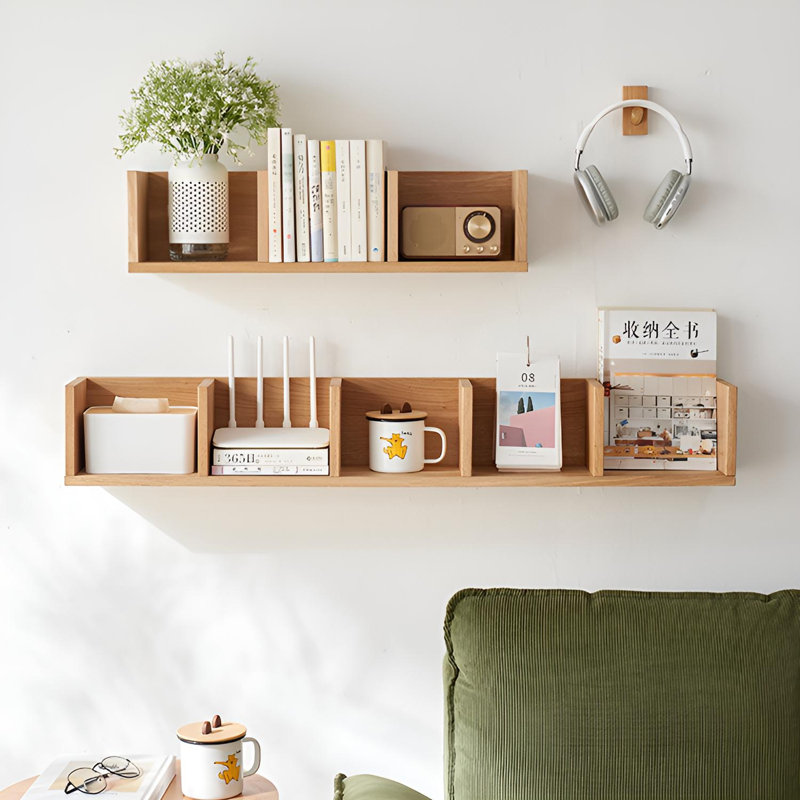 Solid Oak Wall Shelf With Multi-Cubby Design