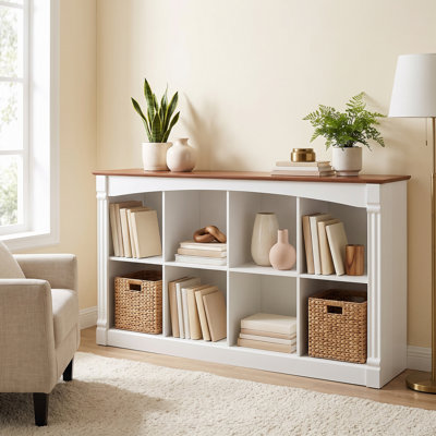 55.1" L Farmhouse Style 8 Cube Storage Bookcase, Wooden Horizontal 2-Tier Bookshelf Console Table for Livingroom Home Office