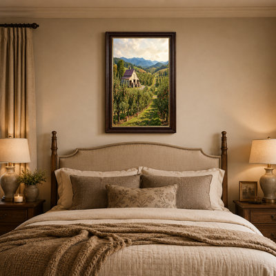 Pomme, verger avec grange rustique et montagnes bleues roulantes, art mural
