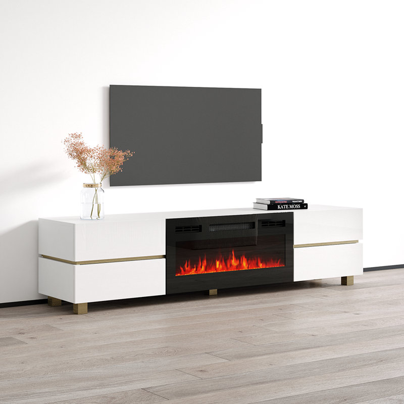 Kylene 70.9" Modern TV Stand with Electric Fireplace, High Gloss Finish, Media Storage, White