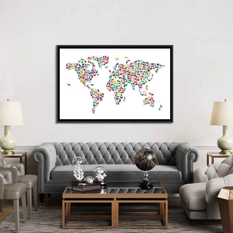 « chats world map »-impression sur toile tendue Karlskrona, H 18 po x l 26 po x P 1,5 po, Toile avec cadre noir, Pas de tapis