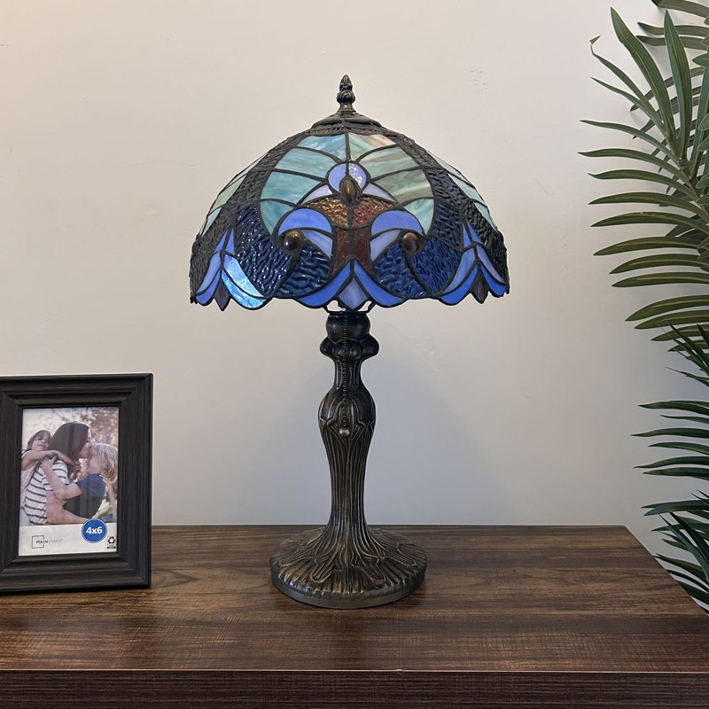 Nioclas Blue and Green Stained Glass Table Lamp with Bronze Base